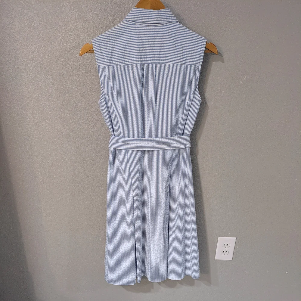 Jones New York Blue and White Striped Sleeveless Midi Shirt Dress with Tie Waist - Picture 5 of 5
